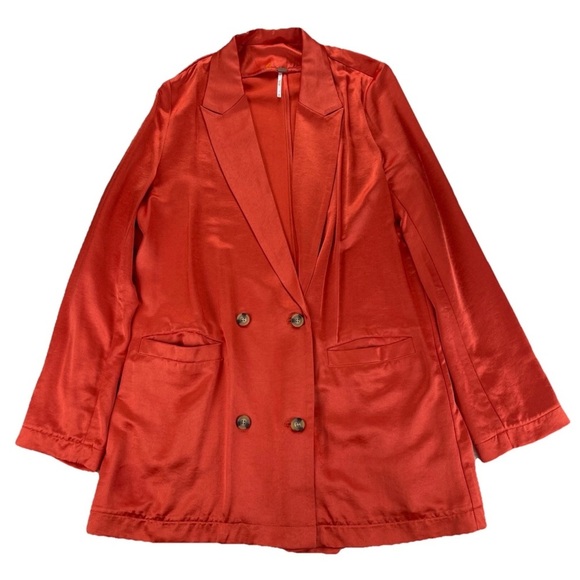 Free People Satin Silk Viscose Orange Rust Tailored Long Blazer Jacket Sz Medium - Picture 2 of 13